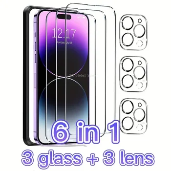 6Pcs 3D стъкло с обектив стъкло цял екран телефон закалено стъкло защитно фолио обектив за iPhone 11 Pro 12 13 Mini 14 15Plus стъкло