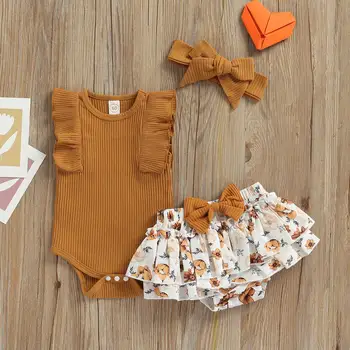 Baby Girl 3Pcs Outfit Sets, плътен цвят Ruffle Trim Sleeveless Гащеризон + Цветен печат Tutu шорти + лента за глава 2022
