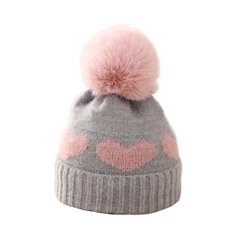 Baby Girls Beanie Hat Infant Heart Pattern Plush Pom Knit Winter Warm Hat for Newborn Toddler Kids Cap