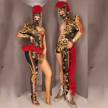 Cosplay нощен клуб певец танцьор сцена износване рейв екипировки реколта печат едно рамо гащеризон мъже жени пол танц костюм