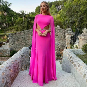Hot Pink Matte Satin Evening Dress Straight Circular Cape Floor Length Prom Dresses Hollow Out Open Back Fuchsia Gowns