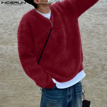 INCERUN Мъжки пуловери плетени плюшени плътен цвят V врата дълъг ръкав пуловери Улично облекло Корейски 2023 Свободна мода Мъжко облекло
