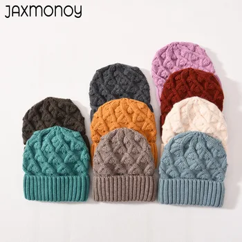 Jaxmonoy Дамска шапка Winte Сгъстяване Топла плетена шапка 2023 Нов стил плътен цвят черепи шапки карирана модел Beanies женски