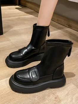 Med Heel Boots Дамски гумени обувки Дъждовни ботуши-Жени Кръгли пръсти цип сабо платформа Лолита 2023 глезена плосък рок дами есен