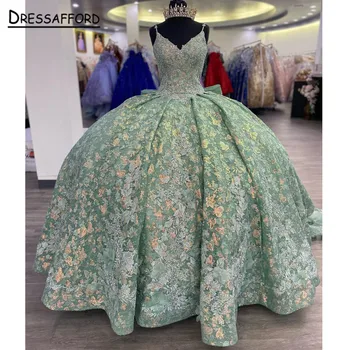 Mint Green Quinceanera Рокли 2023 Принцеса абитуриентски бал рокля тюл дантела нагоре апликации Сладки 15 16 Рокля елегантна бална рокля