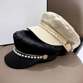 NEW Шапка с плосък връх Есенни и зимни шапки за жени Мода Военна шапка Pearl Mercerization Navy шапка Открит Travel барети Cap