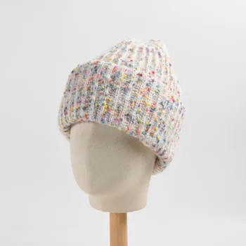 OMEA 15% вълна 8% мохер зимни шапки жени плетени лъскави космати мода топла шапка цветни точки шапки вълна зимни аксесоари