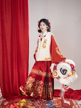 QiQiaoFanf Зимно тъкане злато имитация грим цвете китайски Нова година рокля 6M черен кон пола Минг червено ханфу жени жилетка комплект