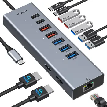 USB C докинг станция двоен монитор, 10 в 1 лаптоп докинг станция USB C хъб двоен HDMI адаптер, USB донгъл с 2 HDMI, Ethernet