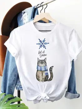 Весела Коледа мода Нова година жени графични тениски котка сладък карикатура прекрасен печат дрехи печат къс ръкав Top Tee