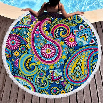 Голямо кръгло одеяло за плажна кърпа Boho Mandala с пискюли Ultra Soft Super Water Absorbent Multi-Purpose Beach Throw 59inch