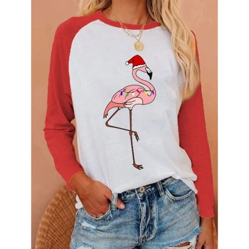 Дамски тениски с дълъг ръкав 3d коледен печат фламинго графичен пуловер жени 2023 Есен Нова мода Ежедневни Y2k върхове Тийс