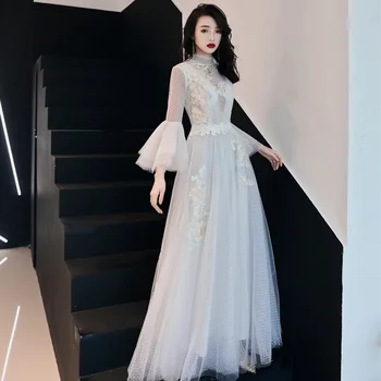 Дантелена бяла вечерна рокля 2019 Дълга нова рокля за завръщане у дома елегантна абитуриентска рокля влак илюзия тюл официална рокля vestido de noiva