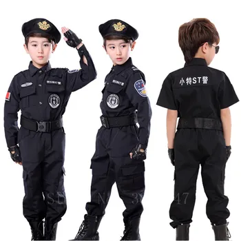 деца Хелоуин карнавал полицай костюм фантазия момчета кратко &дълго полицейски сили униформа косплей парти военни SWAT костюм