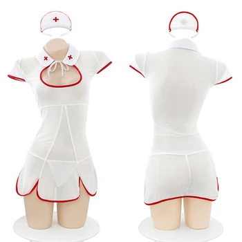 Добро качество секси медицинска сестра униформа косплей костюм сладък бельо комплект задните части кухи жени tempatation екзотичен лекар мини рокля