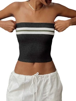 Жени Y2K плетени без презрамки Tube Tops Секси рамо без гръб кухи кроп върхове 2000s Summer Streetwear (J2-White Irregular S)