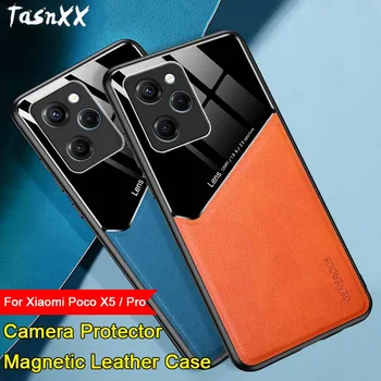 За Xiaomi Poco X5 / Pro магнитен кожен калъф Пълно покритие Анти-пръстов отпечатък Мек TPU протектор за камера Стъклен филм Shell Funda