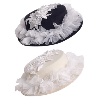 Западна Хепбърн шапка с бели перли цвете разрошени дантела чай парти универсален ваканция шапка Хепбърн стил