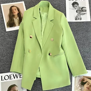 Зелен блейзър 2023 Пролет и есен Ново палто костюм Жена Западен стил Жокер Моден темперамент шоу Тънък блейзър женски топ