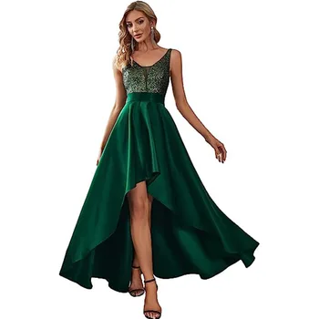 Златна вечерна рокля 2023 Есен Нова V-образно деколте A-line парти рокля къса предна и дълга задна