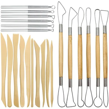 Инструменти за скулптуриране на глина, 22Pcs Дървена дръжка, Инструменти за дърворезба & Метални стъргалки и пластмасови инструменти за оформяне на глина