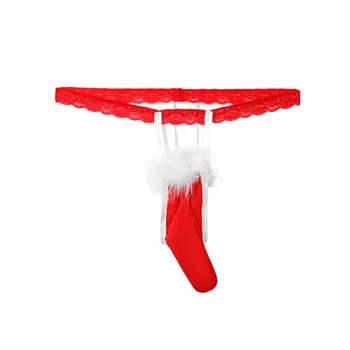 Коледа мъжки тематични T-обратно прашки пухкави перо червено и бяло контраст мека обвивка бельо G-String косплей смешно Коледа подарък