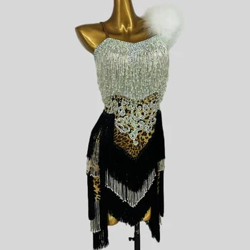 Латино танцова рокля от висок клас Персонализиран танц Леопардова прашка каишка Диамантен пискюл Ча Ча Танго Жени Възрастен Етап Професионално облекло