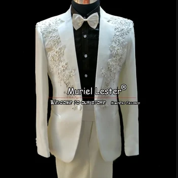 Луксозни сватбени костюми за мъже Slim Fit слонова кост апликации Beaded Blazer панталони 2 парчета младоженец носят смокинг по поръчка банкетна рокля