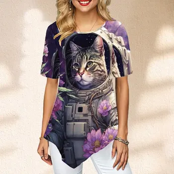 Лято Дамски чай котка цвете печат къс ръкав тениска Дамска тениска ретро дамска тениска