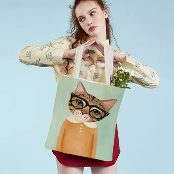 Мода карикатура кафе котка жени голяма пазарска чанта домашен любимец животински печат платно сгъваема многократна употреба кърпа дама пазаруване рамо чанта