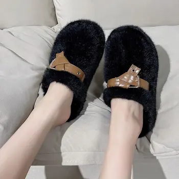 Моден дизайнер Buckle Band Fur Slippers Жени Уютна норка Кожа Пързалки Femal обувки Open Toe платформа Furry Pantuflas Mujer Размер 40