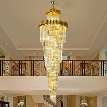 Модерен стълбищен таван кристален полилей осветление Led висящи лампи трапезария хол злато черен блясък окачване осветително тяло