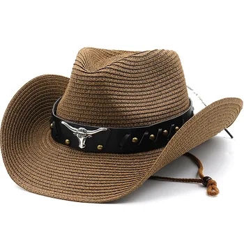 Мъжка мода Западни каубойски шапки Жени Лятна слама Открит плаж Шапка за слънце Sombrero Hombre Cowgirl Caps
