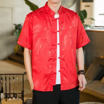 Мъжка риза мандарин яка къс ръкав лято извънгабаритни 5XL плюс размер мъже официални черно бяло червено китайско новогодишно облекло ретро
