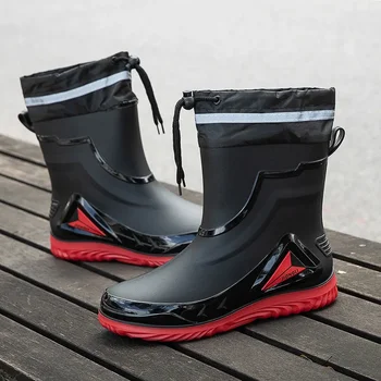 Мъжки водоустойчиви ботуши против хлъзгане ботуши за дъжд ботуши на открито нови ботуши за дъжд мъжки гумени обувки с кадифе, за да се стоплят през зимата