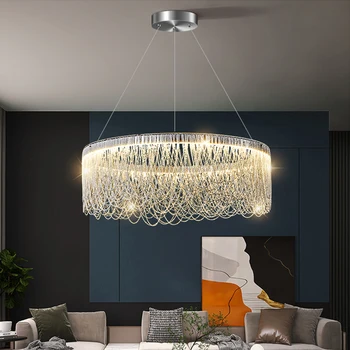 Нов хром модерен ресни полилей осветление хол 2023 кръгла спалня блясък пискюл алуминиева верига лампа овална кухненска светлина
