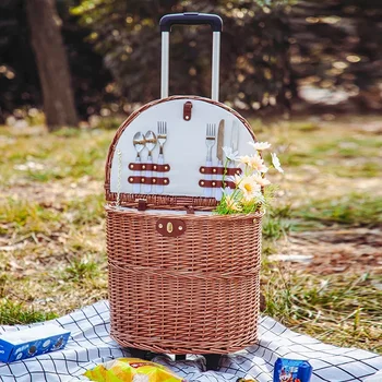 ратан кошница за пикник с колела Пролетен излет кошница за съхранение количка тип многофункционална външна трапезария