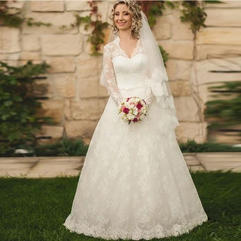 Реколта дантела сватбена рокля дълги ръкави илюзия обратно покрити бутони 2019 булчински рокли v-образно деколте пълна дължина Vestido De Novia