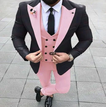Розови кауални мъжки костюми с черно яке 3 части сватбени шафери смокинг нов мъжки моден костюм двуреден жилетка панталони