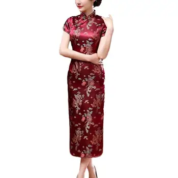 Традиционна рокля китайски национален стил флорална бродерия Cheongsam елегантна стойка яка рокля със страничен сплит за лятото