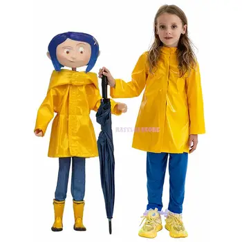 Хорър приказни филми Coraline косплей костюм перука жълто палто тайна врата възрастен дете размер Хелоуин парти страшно ролеви костюм