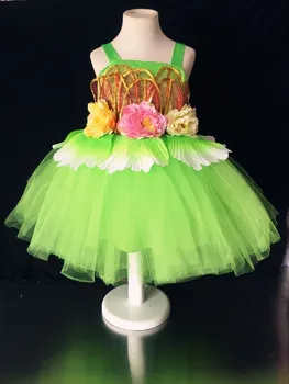 Цветни цветя Деца Пайети Зелена принцеса Рокля момичета Сладък модерен танц рокля изпълнение дрехи Детски джаз танц костюм