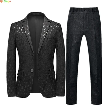 (Яке + Панталони) Черен мъжки костюм от 2 части Мода Тънък мъжки блейзър палто и панталони Червен син каки Terno Masculino мъжки костюми комплекти